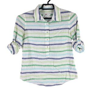 Womens Vineyard Vines Striped Shirt Linen Blend Roll Tab Sleeve Pearl Button 0